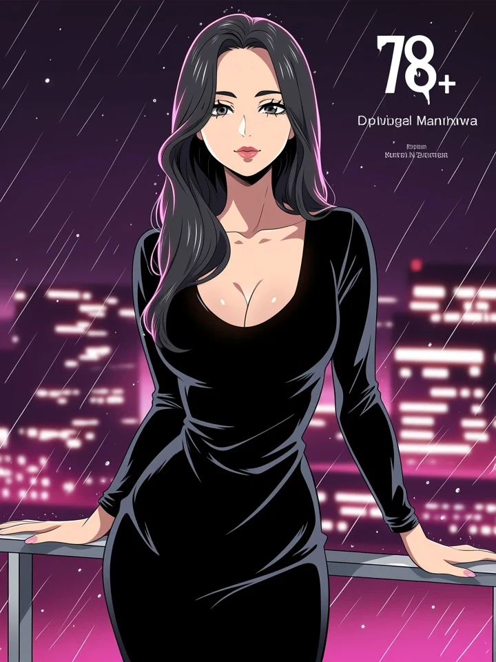 Original adult manhwa illustration of a woman on a rain-lit balcony in a black velvet robe
